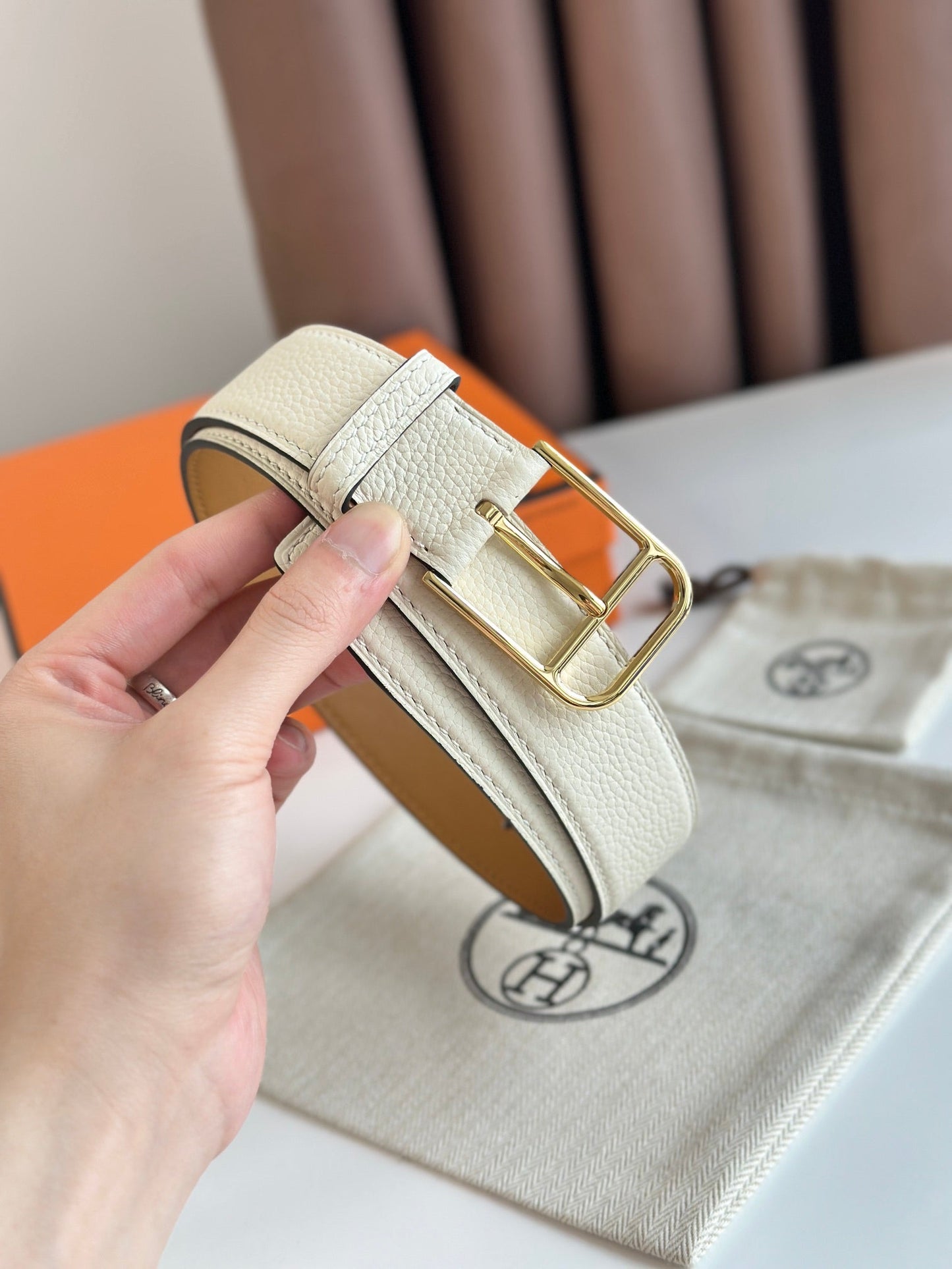 HM ROMAIN 35MM BELT WHITE CREAM LEATHER GOLD HARDWARE - 30
