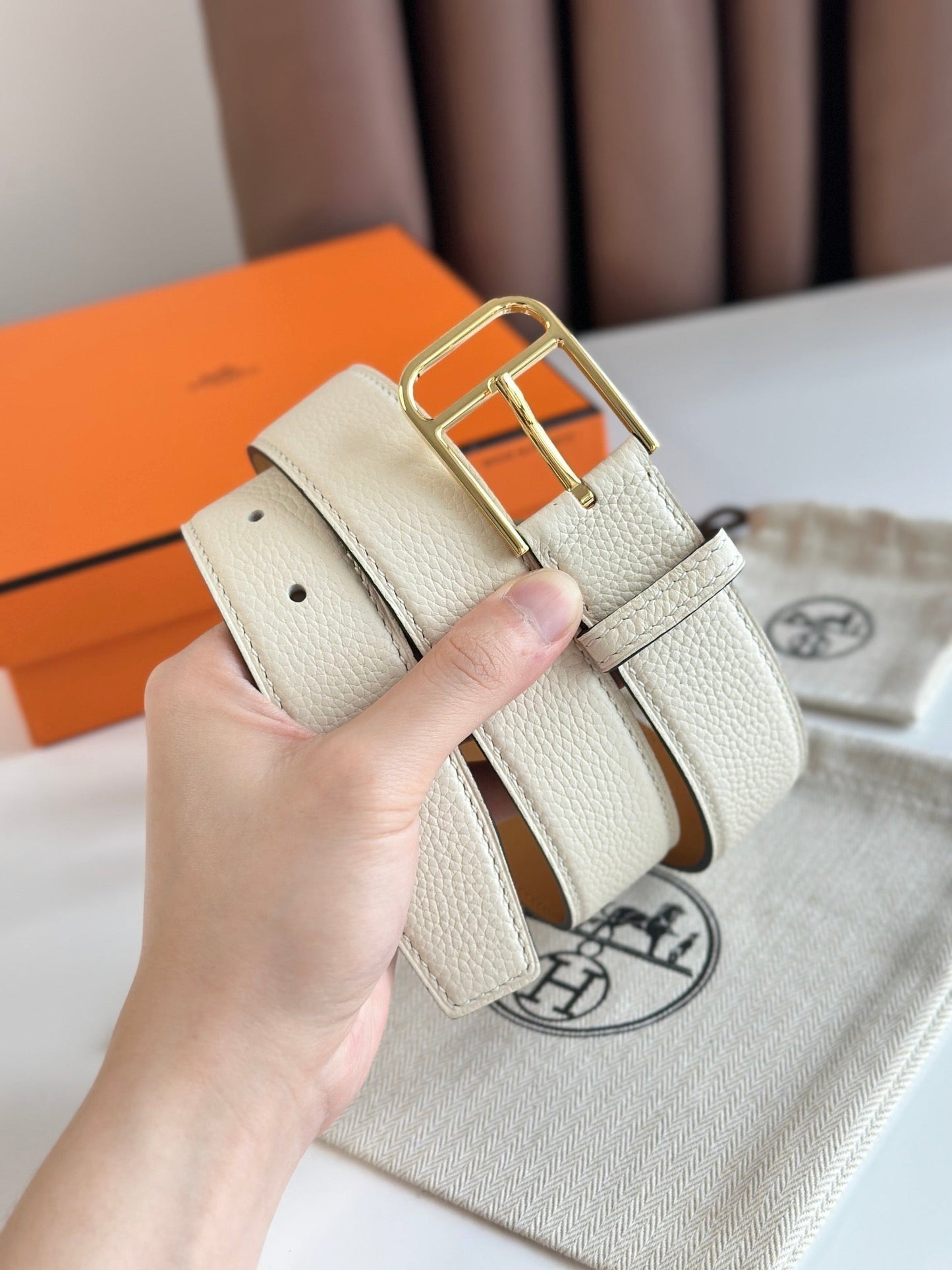 HM ROMAIN 35MM BELT WHITE CREAM LEATHER GOLD HARDWARE - 30