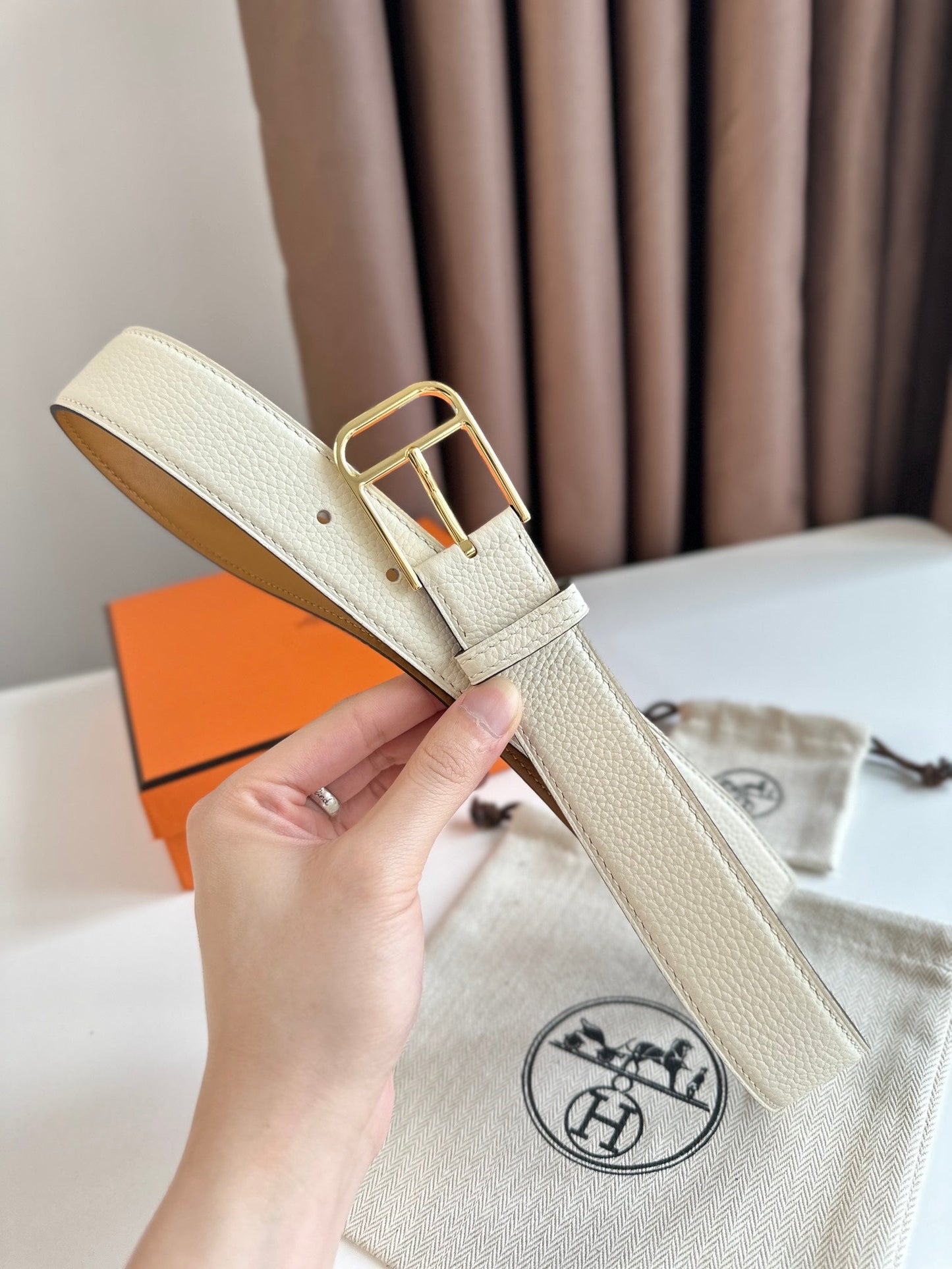 HM ROMAIN 35MM BELT WHITE CREAM LEATHER GOLD HARDWARE - 30