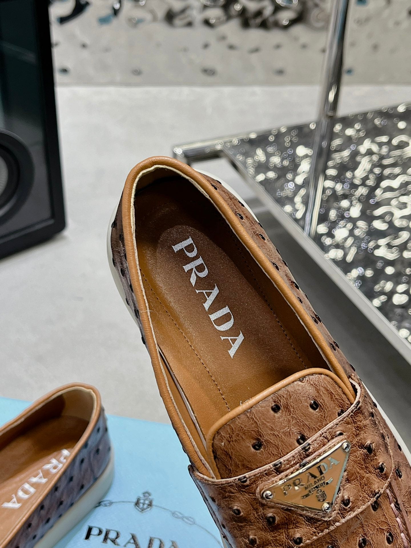 PRA OSTRICH PATTERN LOAFERS CARAMEL CALFSKIN - 35