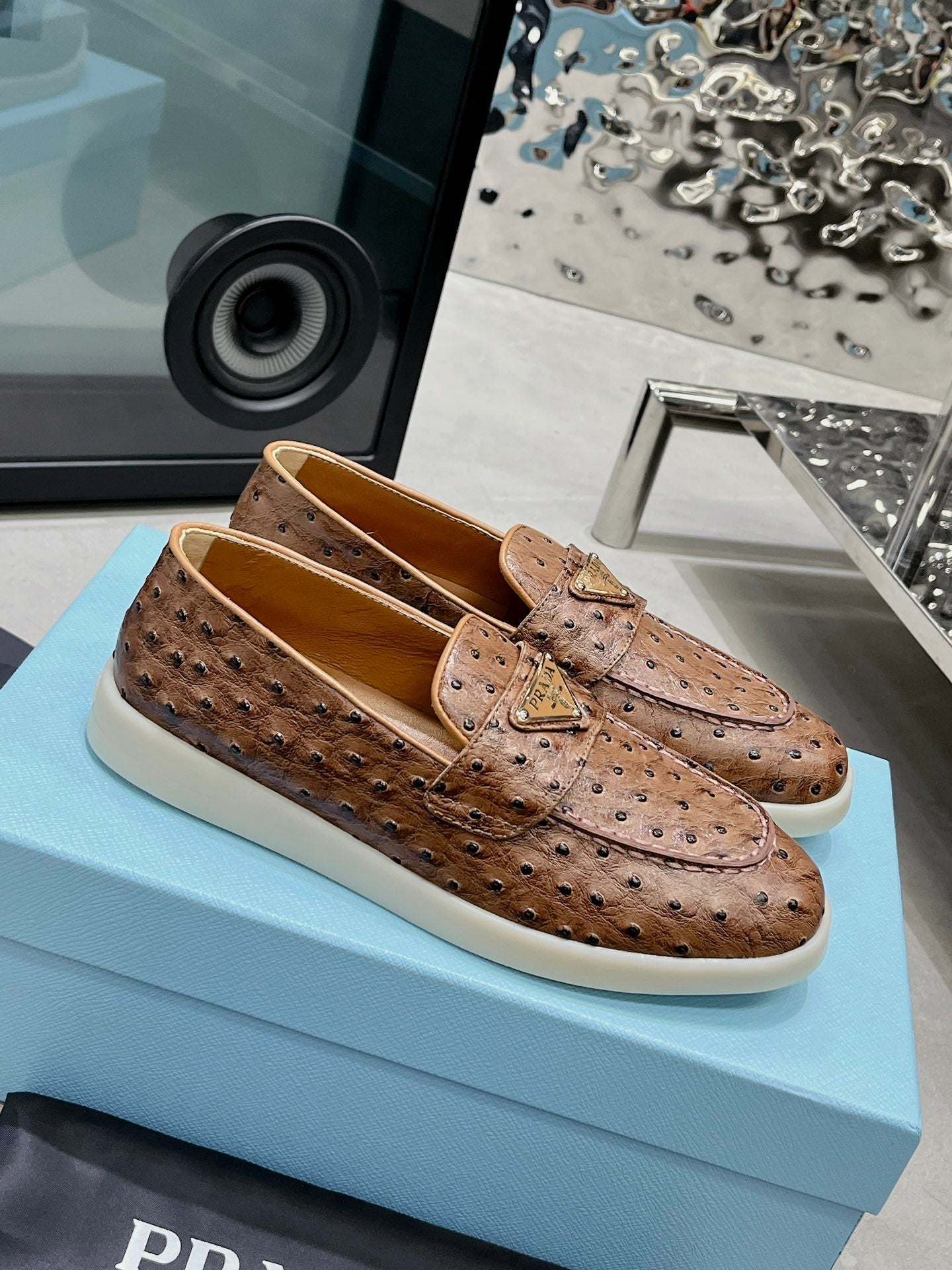 PRA OSTRICH PATTERN LOAFERS CARAMEL CALFSKIN - 35