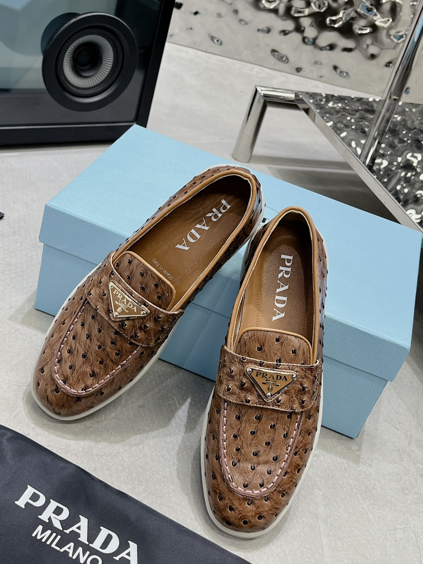 PRA OSTRICH PATTERN LOAFERS CARAMEL CALFSKIN - 35