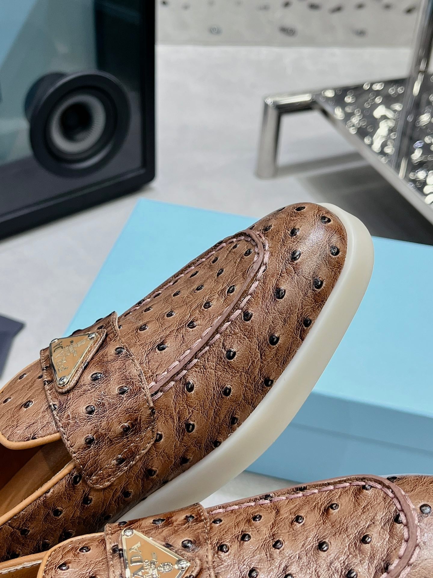 PRA OSTRICH PATTERN LOAFERS CARAMEL CALFSKIN - 35