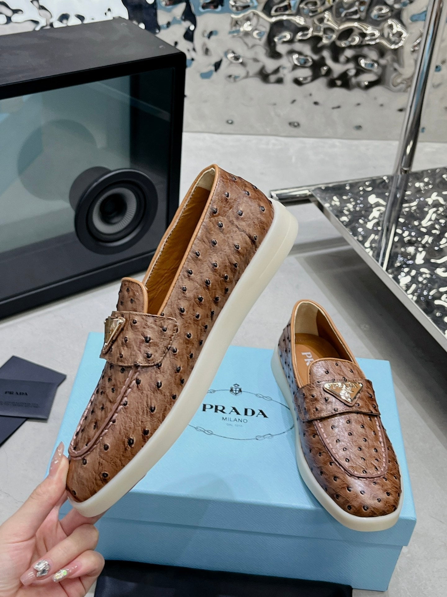 PRA OSTRICH PATTERN LOAFERS CARAMEL CALFSKIN - 35