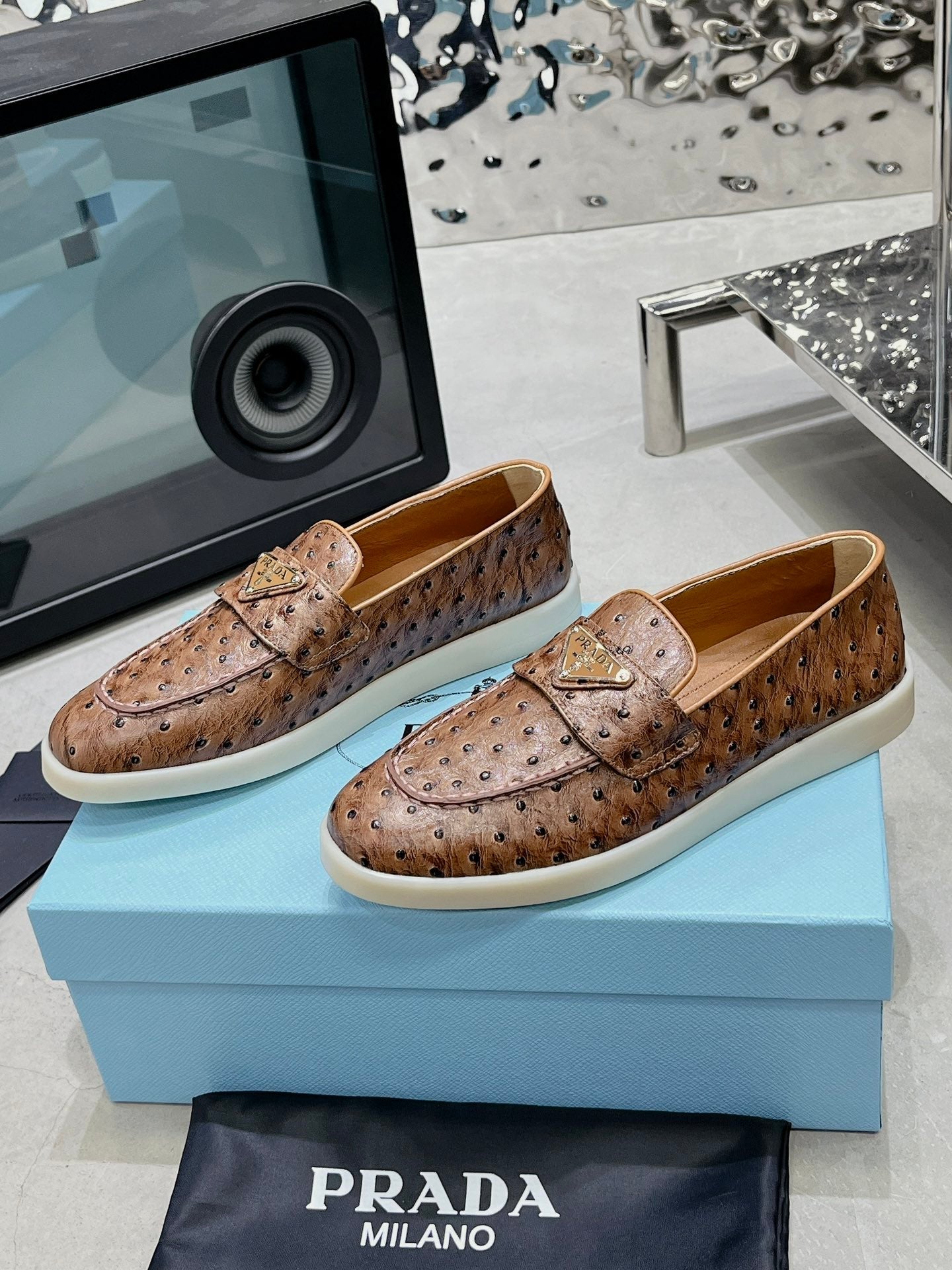 PRA OSTRICH PATTERN LOAFERS CARAMEL CALFSKIN - 35