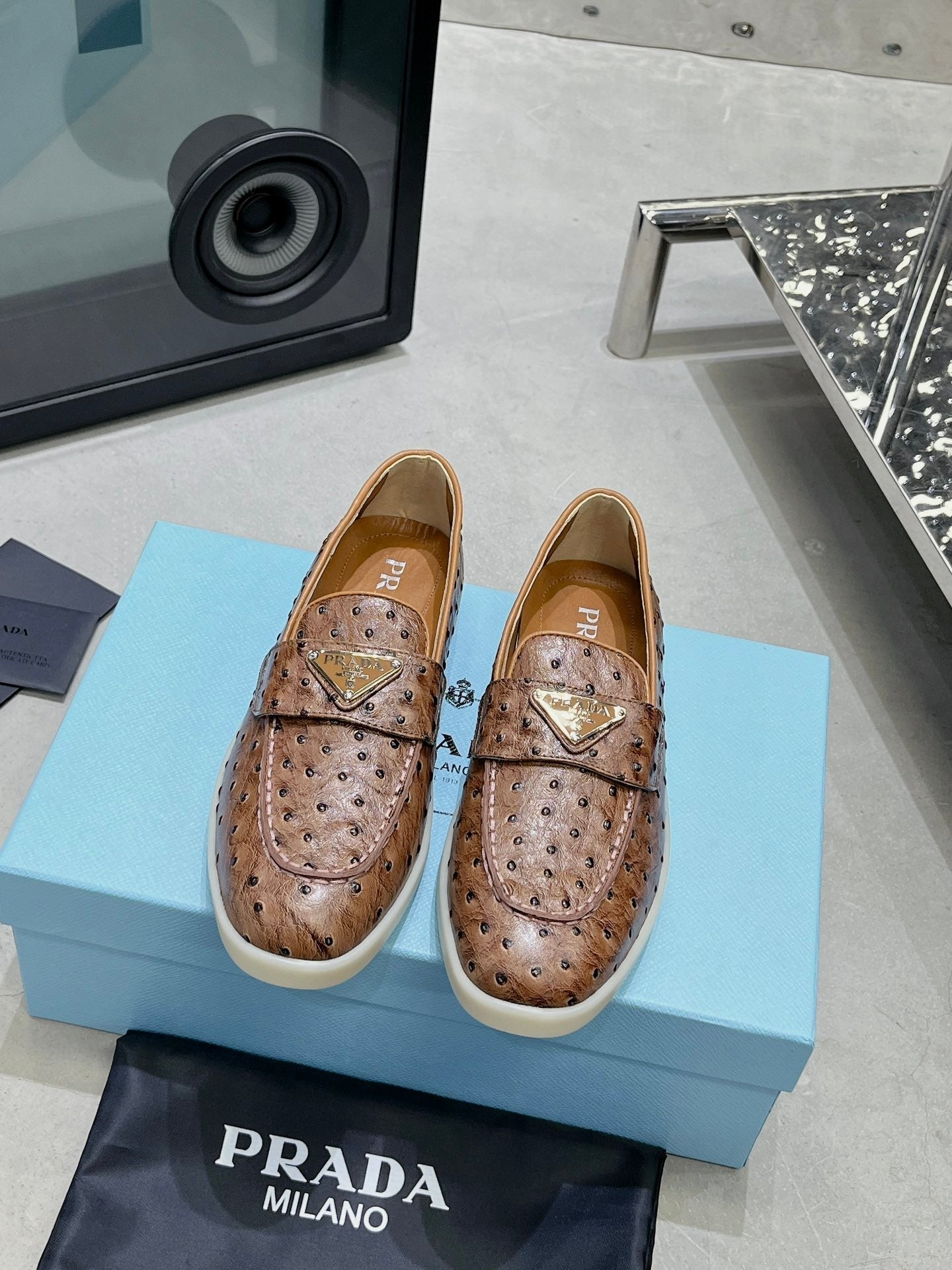 PRA OSTRICH PATTERN LOAFERS CARAMEL CALFSKIN - 35