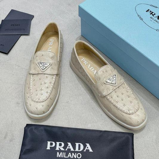 PRA OSTRICH PATTERN LOAFERS CREAMY WHITE CALFSKIN - 35