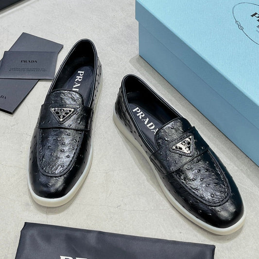 PRA OSTRICH PATTERN LOAFERS BLACK CALFSKIN - 35