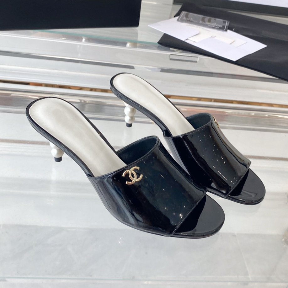 high heel 70 mule sandals black white patent calfskin - 35