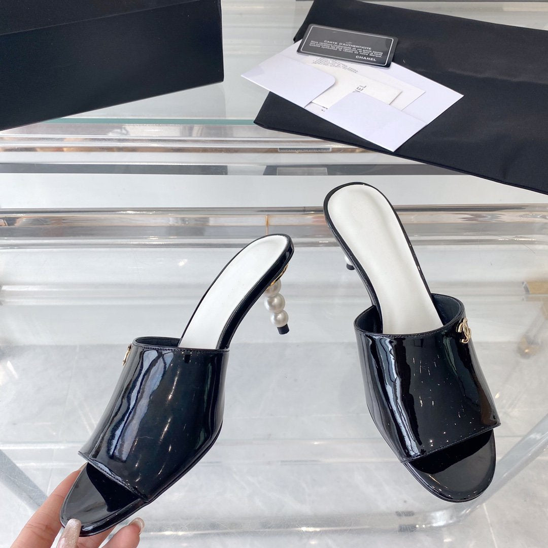 high heel 70 mule sandals black white patent calfskin - 35