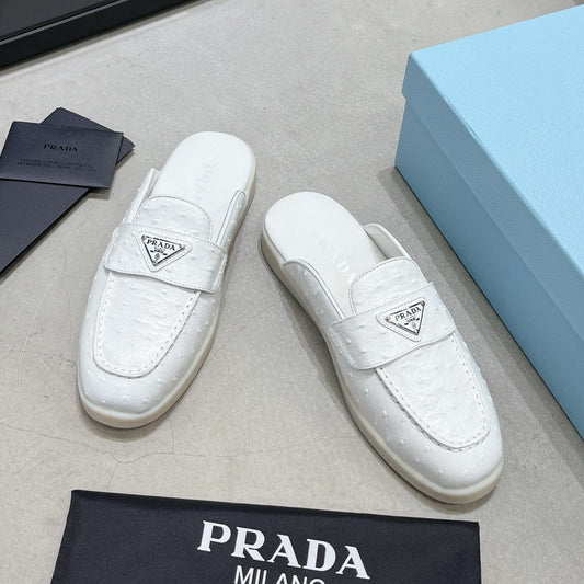 PRA OSTRICH PATTERN MULES WHITE CALFSKIN - 35