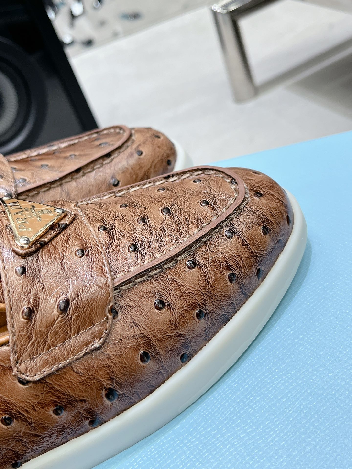 PRA OSTRICH PATTERN MULES CARAMEL CALFSKIN - 35