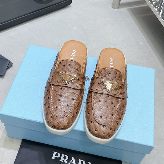 PRA OSTRICH PATTERN MULES CARAMEL CALFSKIN - 35
