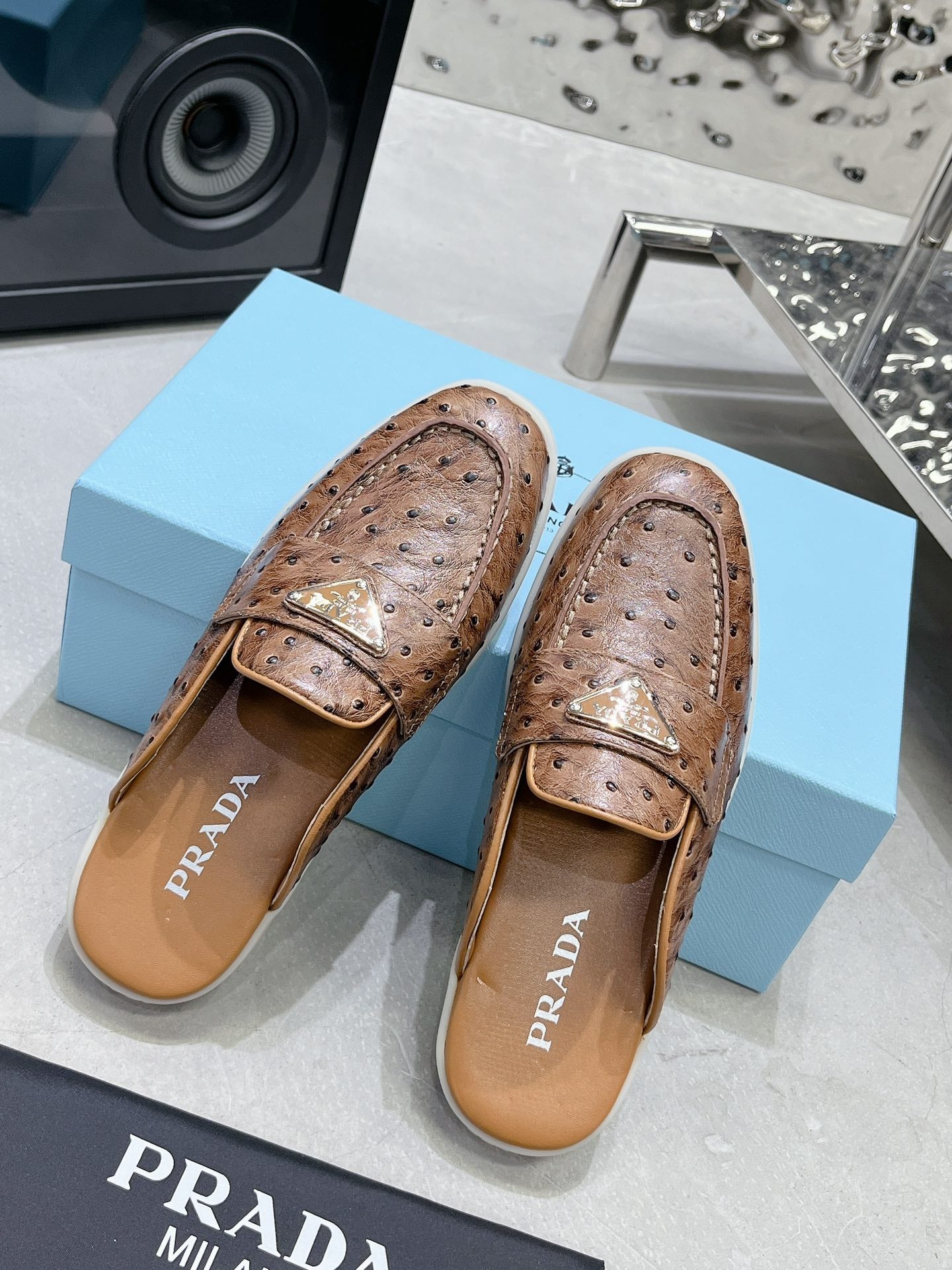 PRA OSTRICH PATTERN MULES CARAMEL CALFSKIN - 35