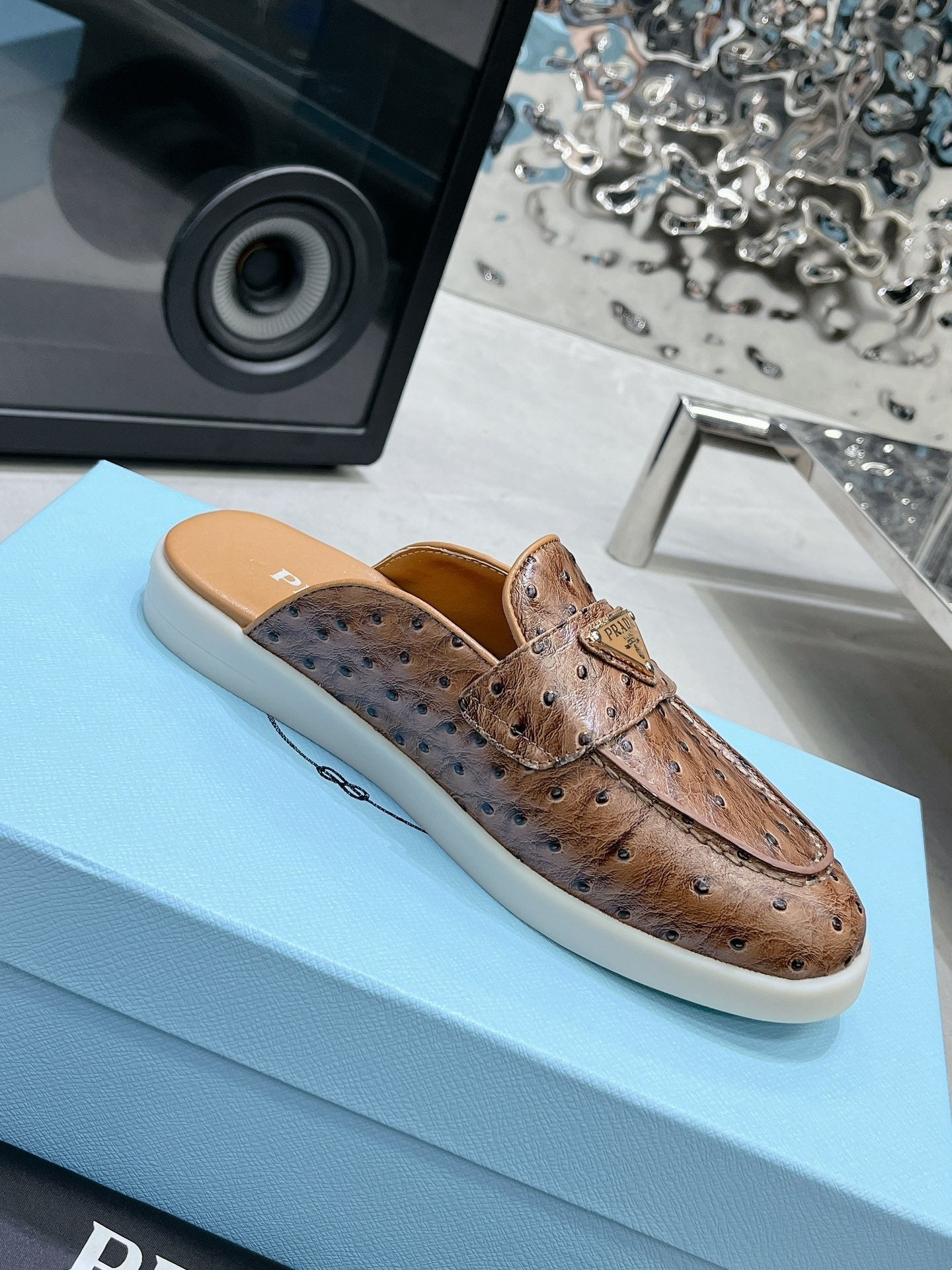 PRA OSTRICH PATTERN MULES CARAMEL CALFSKIN - 35