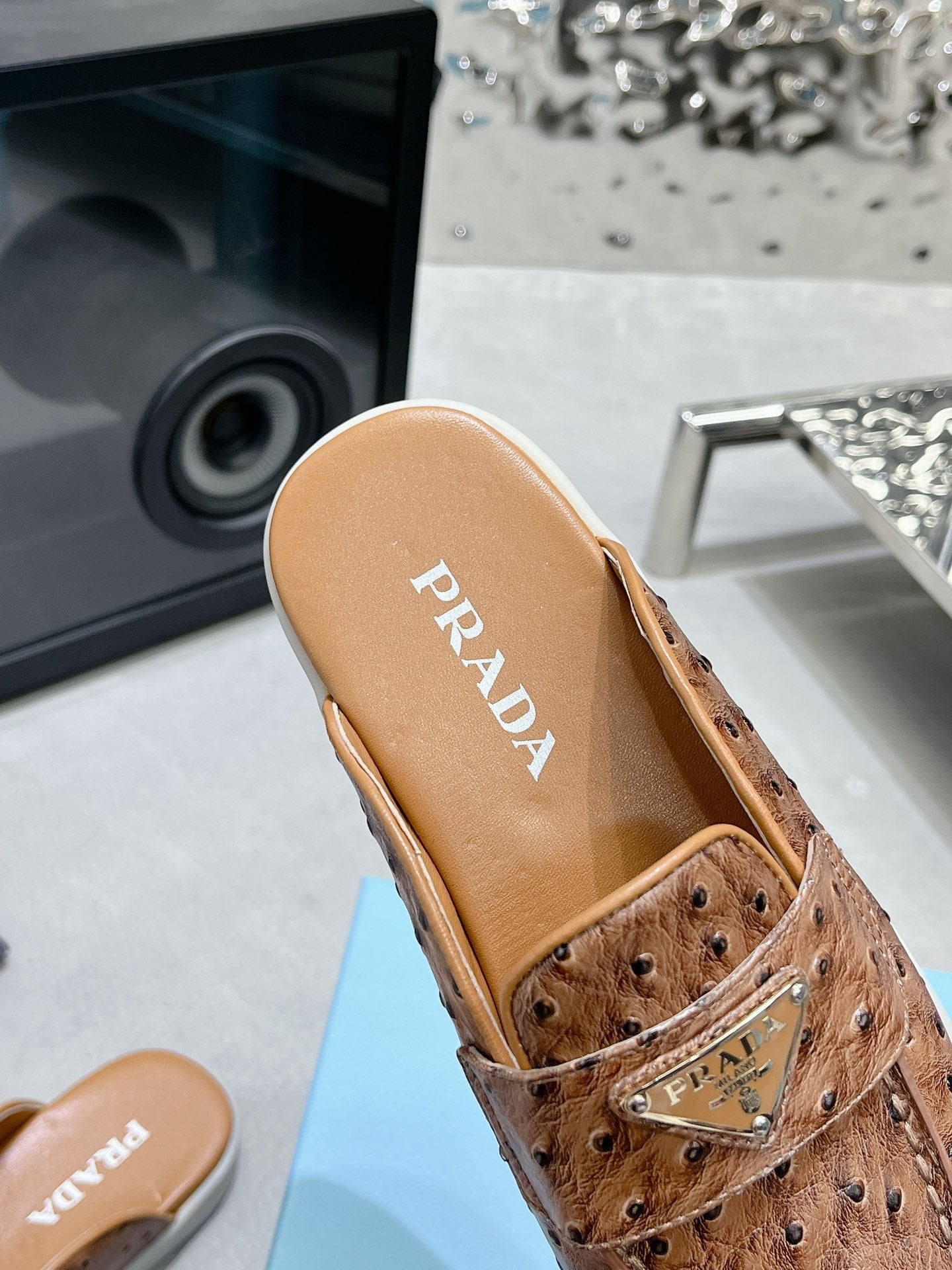 PRA OSTRICH PATTERN MULES CARAMEL CALFSKIN - 35