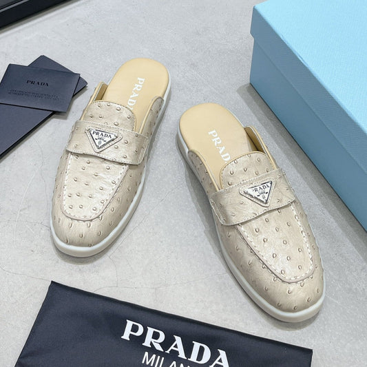 PRA OSTRICH PATTERN MULES CREAMY WHITE CALFSKIN - 35