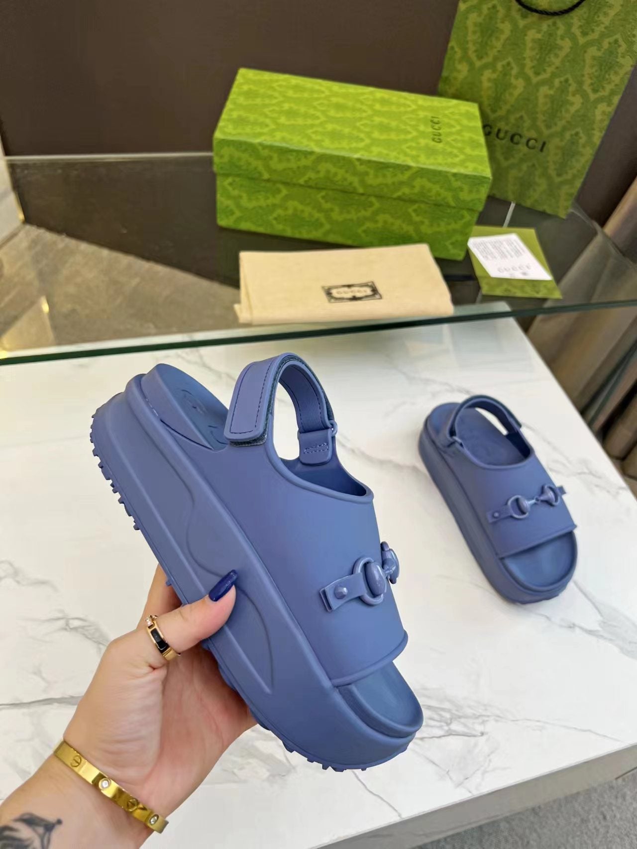 HORSEBIT FLATFORM SANDAL 5 CM IN AEGEAN BLUE IMPORTED TPU - 35