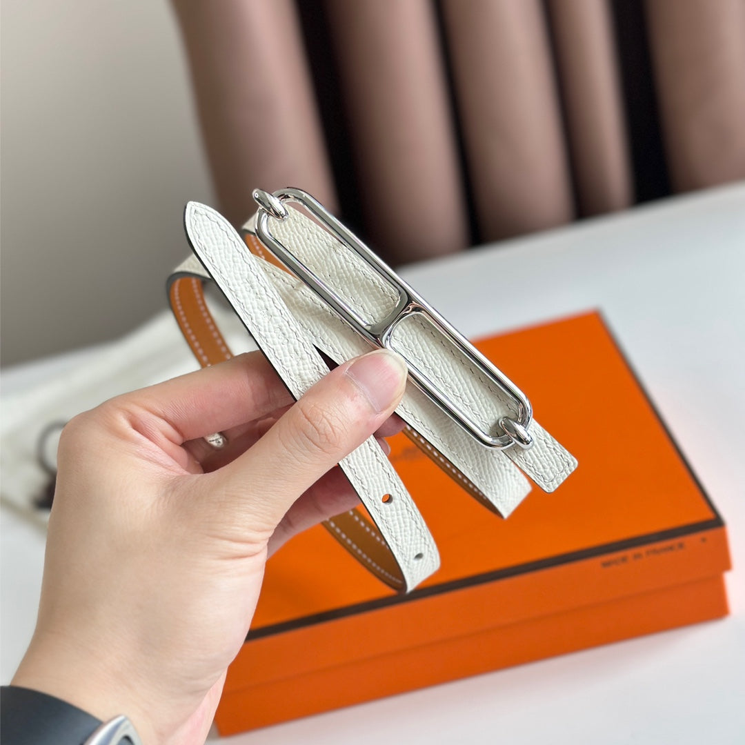 HM ROULIS BUCKLE & REVERSIBLE CINNAMON BROWN AND WHITE LEATHER STRAP 13MM SILVER HARDWARE - 30