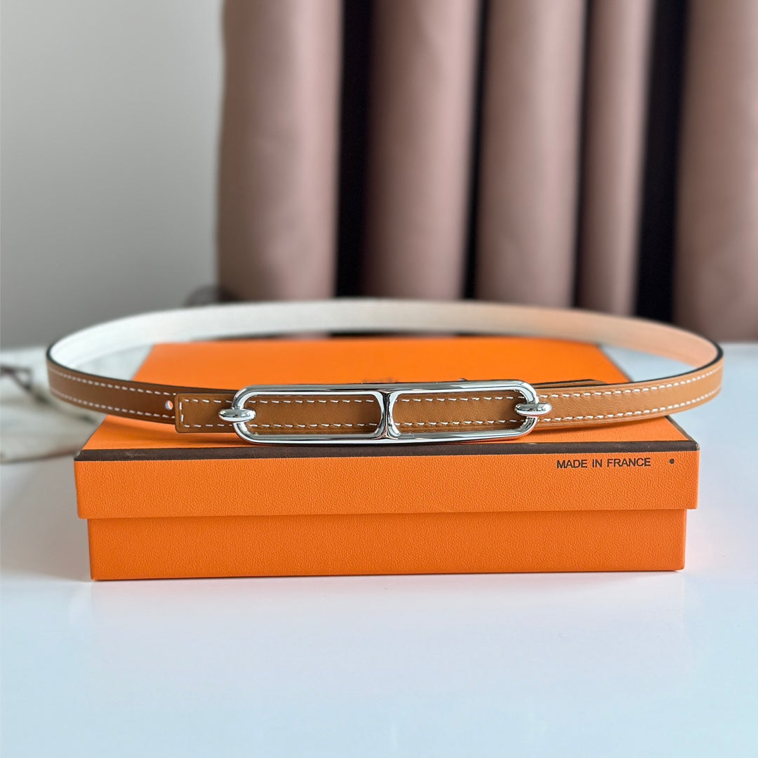 HM ROULIS BUCKLE & REVERSIBLE CINNAMON BROWN AND WHITE LEATHER STRAP 13MM SILVER HARDWARE - 30