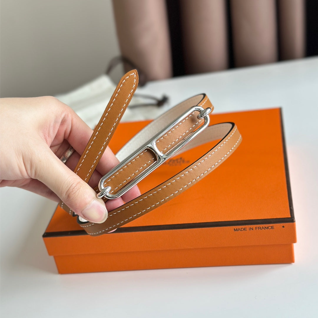 HM ROULIS BUCKLE & REVERSIBLE CINNAMON BROWN AND WHITE LEATHER STRAP 13MM SILVER HARDWARE - 30