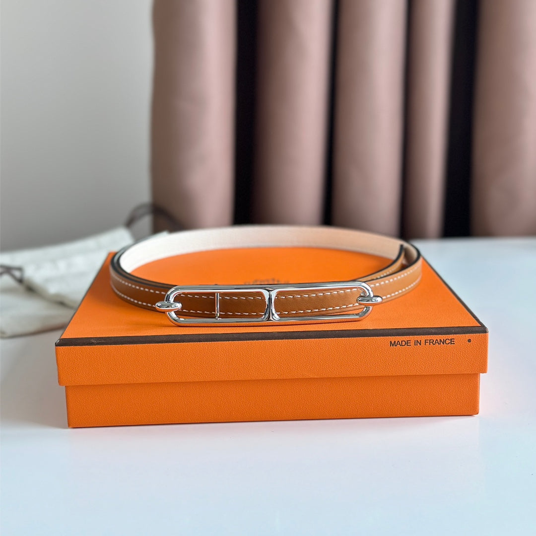 HM ROULIS BUCKLE & REVERSIBLE CINNAMON BROWN AND WHITE LEATHER STRAP 13MM SILVER HARDWARE - 30
