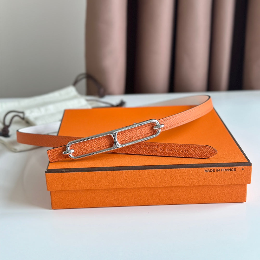 HM ROULIS BUCKLE & REVERSIBLE ORANGE AND WHITE LEATHER STRAP 13MM SILVER HARDWARE - 30