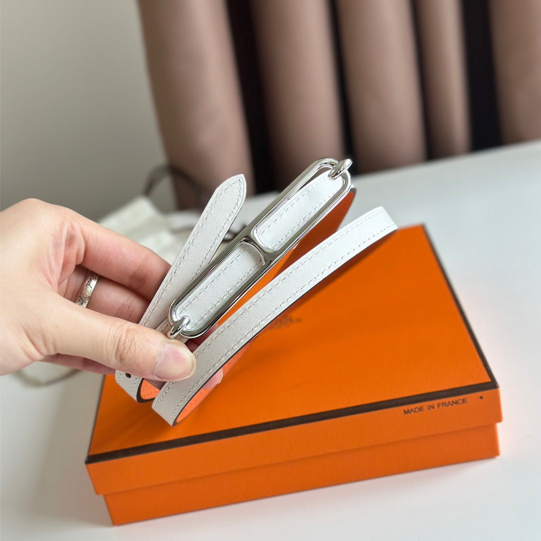 HM ROULIS BUCKLE & REVERSIBLE ORANGE AND WHITE LEATHER STRAP 13MM SILVER HARDWARE - 30