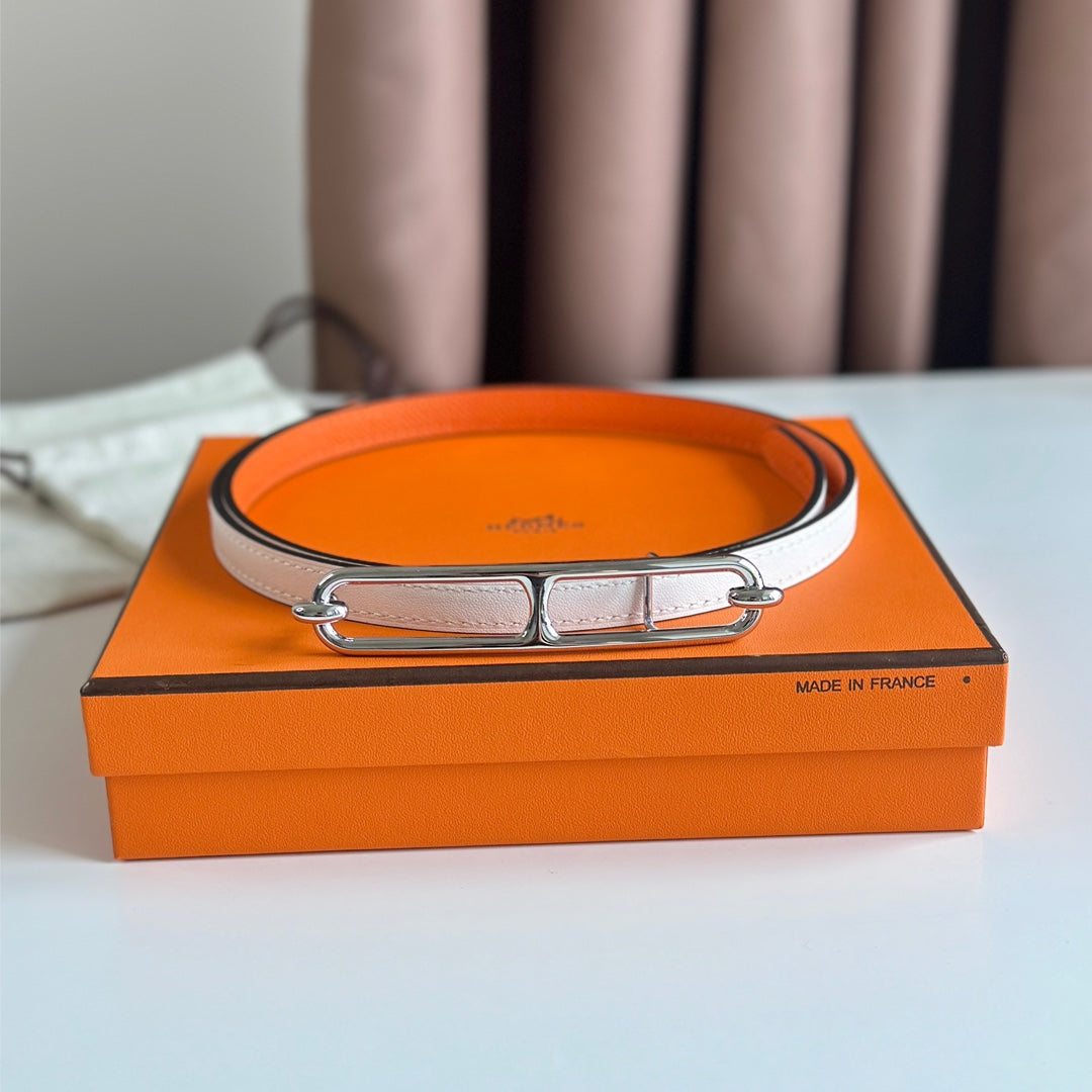HM ROULIS BUCKLE & REVERSIBLE ORANGE AND WHITE LEATHER STRAP 13MM SILVER HARDWARE - 30