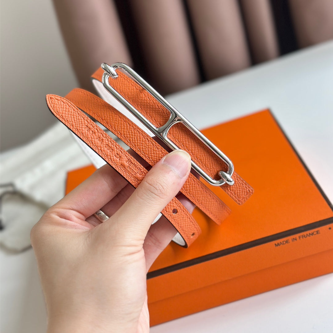 HM ROULIS BUCKLE & REVERSIBLE ORANGE AND WHITE LEATHER STRAP 13MM SILVER HARDWARE - 30
