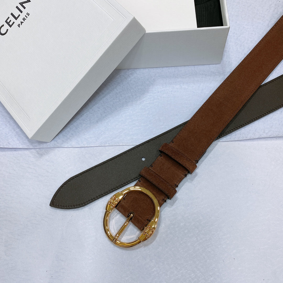 CL LARGE 35MM TWIN TRIOMPHE BELT IN CHOCOLATE BROWN SUEDE GOLD HARDWARE - 30