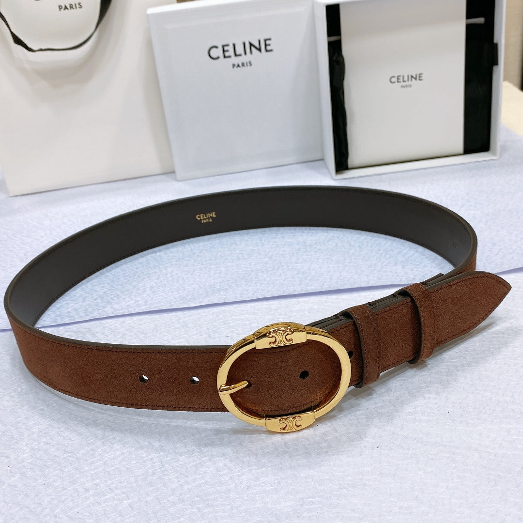 CL LARGE 35MM TWIN TRIOMPHE BELT IN CHOCOLATE BROWN SUEDE GOLD HARDWARE - 30