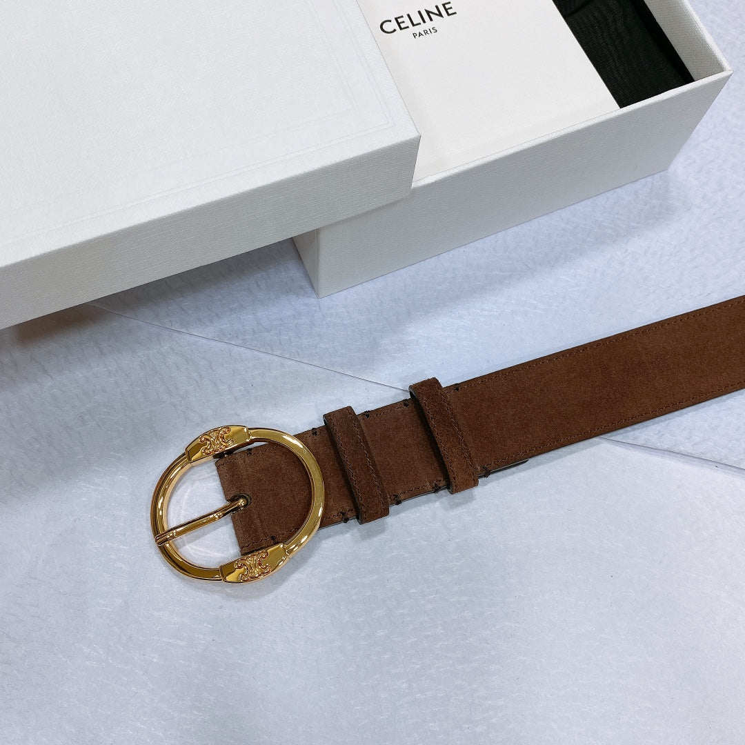 CL LARGE 35MM TWIN TRIOMPHE BELT IN CHOCOLATE BROWN SUEDE GOLD HARDWARE - 30