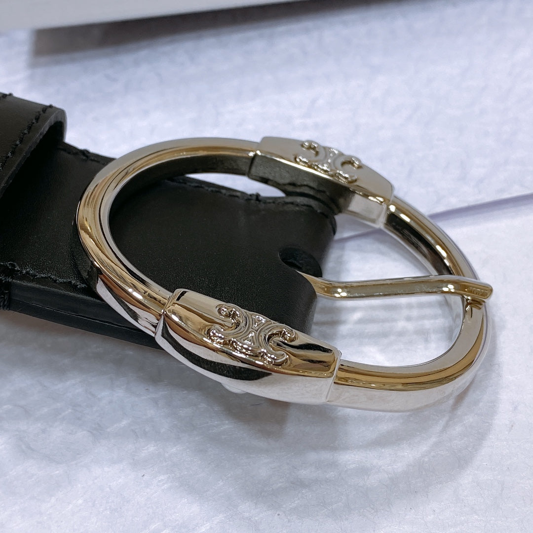 CL LARGE 35MM TWIN TRIOMPHE BELT IN BLACK CALFSKIN SILVER HARDWARE - 30