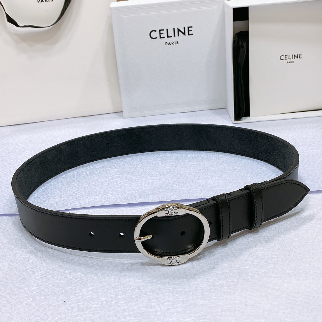 CL LARGE 35MM TWIN TRIOMPHE BELT IN BLACK CALFSKIN SILVER HARDWARE - 30