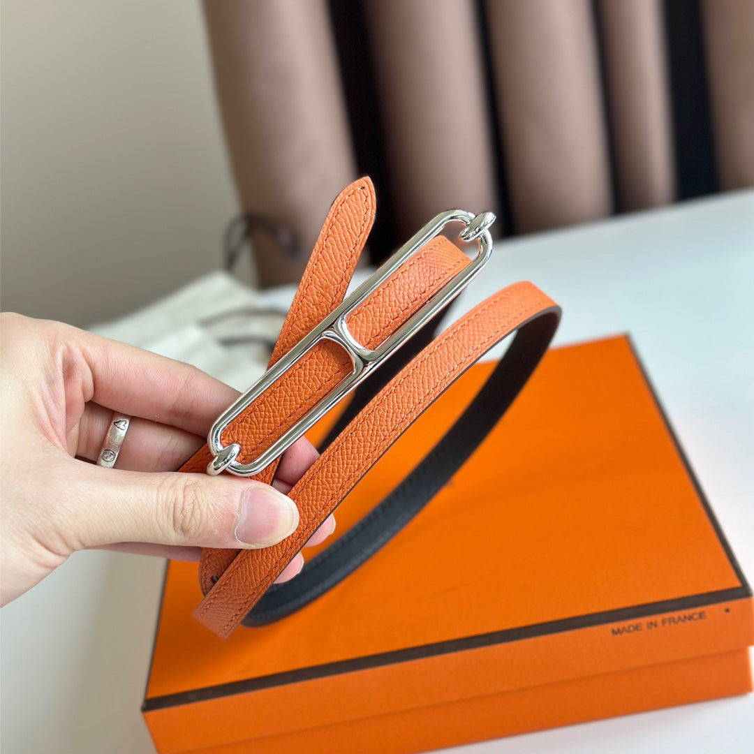 HM ROULIS BUCKLE & REVERSIBLE ORANGE AND BLACK LEATHER STRAP 13MM SILVER HARDWARE - 30