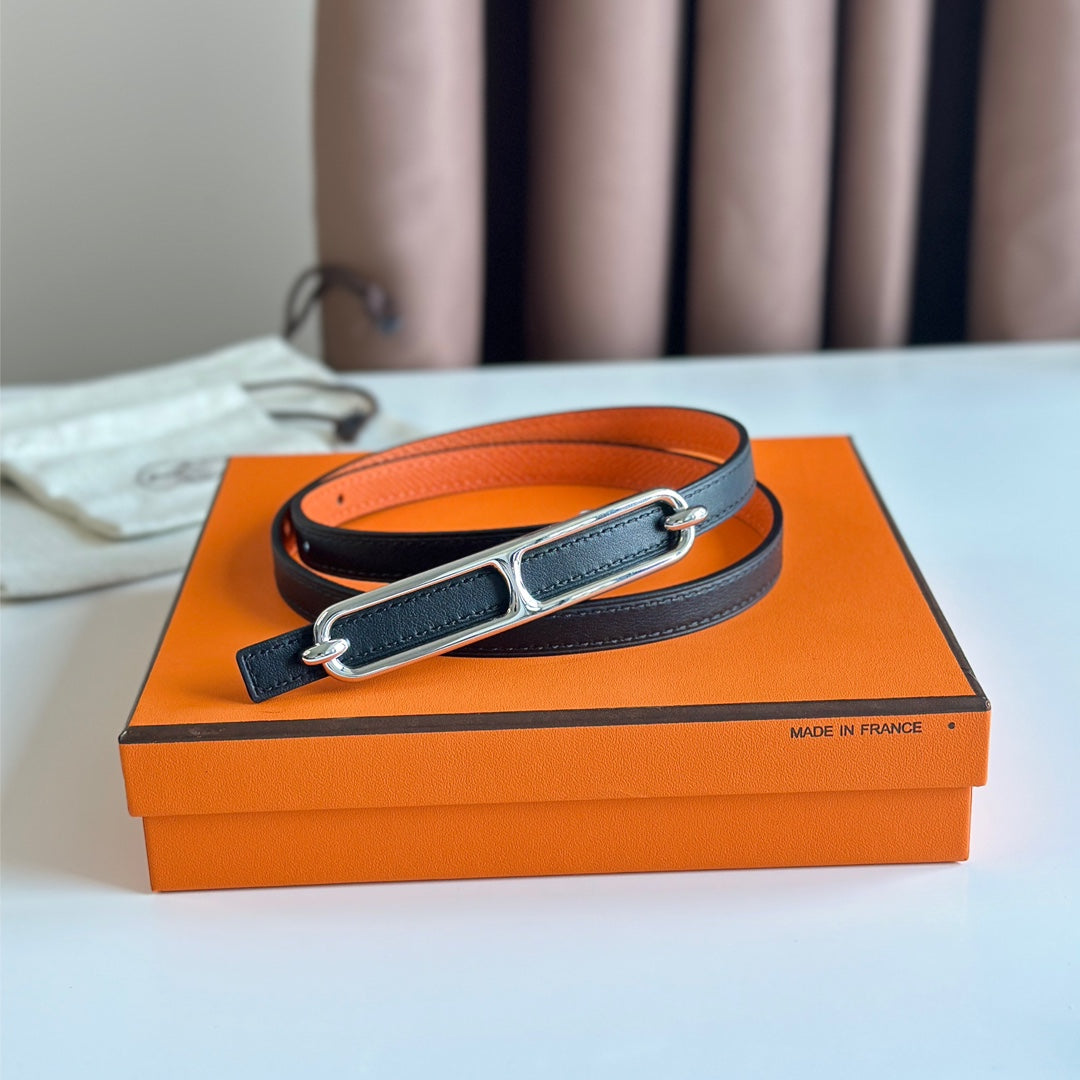 HM ROULIS BUCKLE & REVERSIBLE ORANGE AND BLACK LEATHER STRAP 13MM SILVER HARDWARE - 30