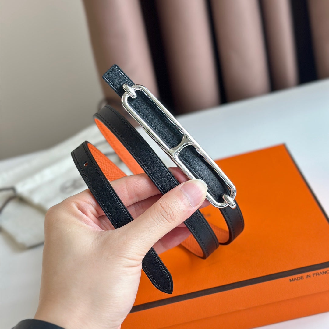 HM ROULIS BUCKLE & REVERSIBLE ORANGE AND BLACK LEATHER STRAP 13MM SILVER HARDWARE - 30