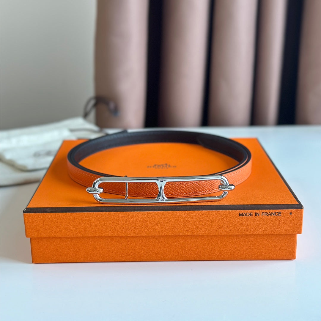 HM ROULIS BUCKLE & REVERSIBLE ORANGE AND BLACK LEATHER STRAP 13MM SILVER HARDWARE - 30