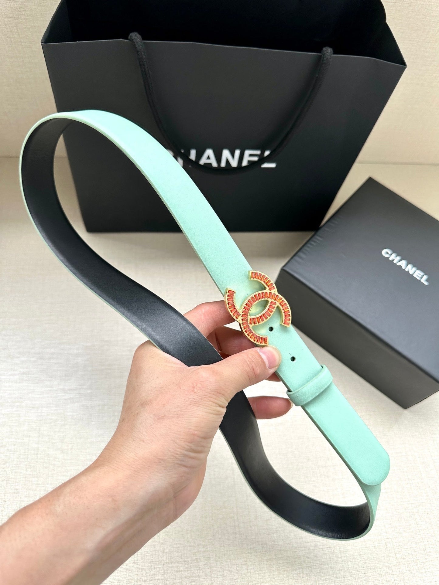 CHANEL 25S BELT 30 MM IN MINT GREEN CALFSKIN 616962 - 30