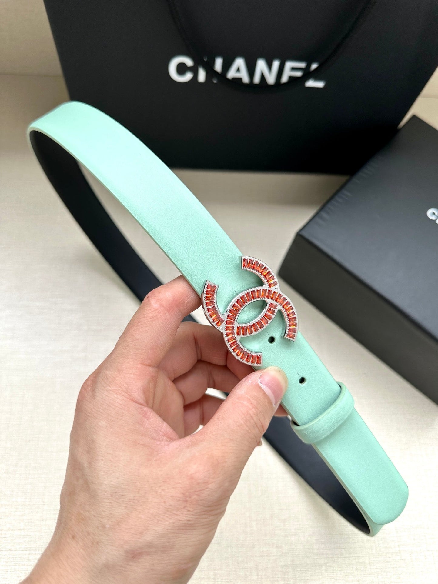 CHANEL 25S BELT 30 MM IN MINT GREEN CALFSKIN 616962 - 30