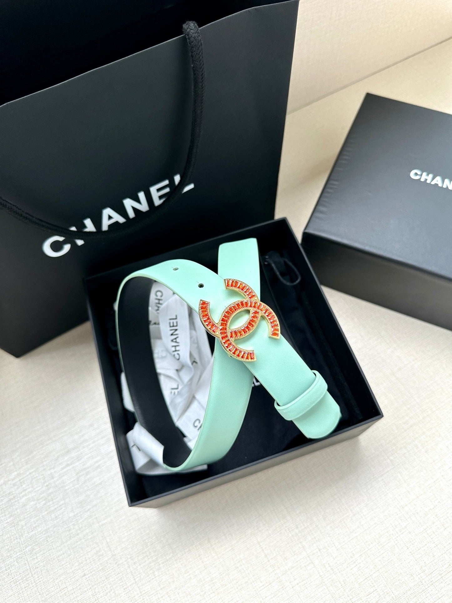 CHANEL 25S BELT 30 MM IN MINT GREEN CALFSKIN 616962 - 30