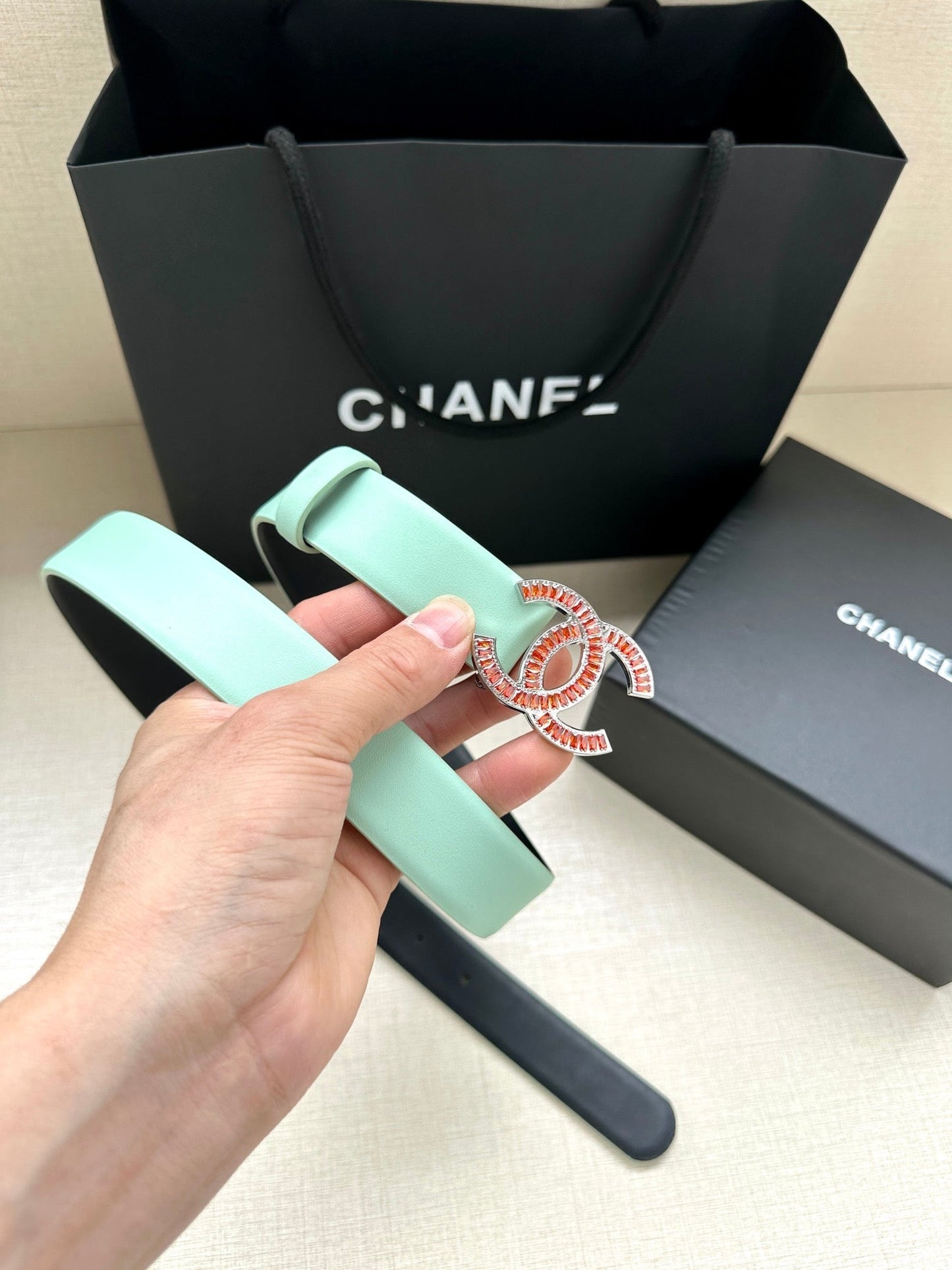 CHANEL 25S BELT 30 MM IN MINT GREEN CALFSKIN 616962 - 30