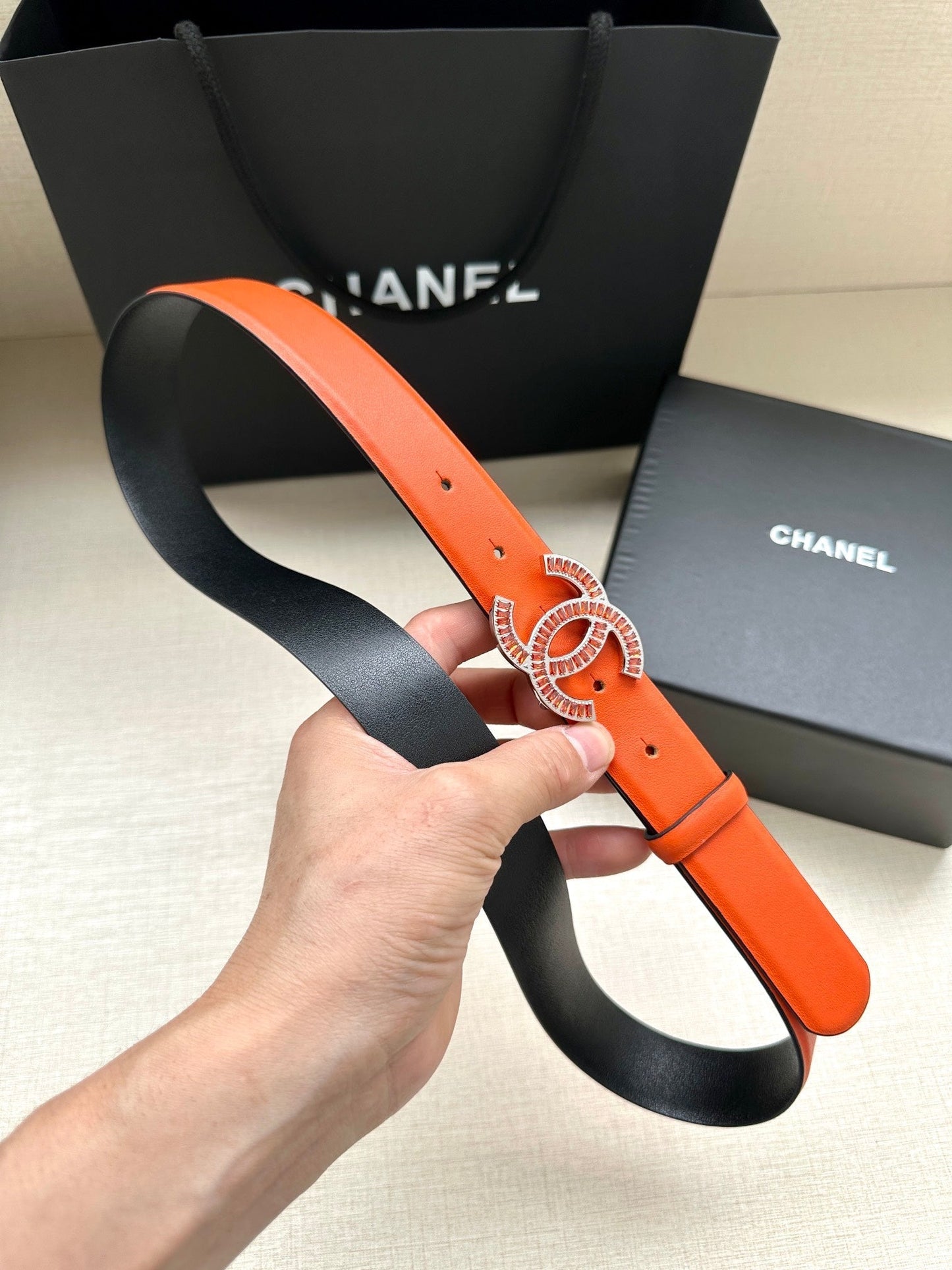 CHANEL 25S BELT 30 MM IN ORANGE CALFSKIN 616965 - 30