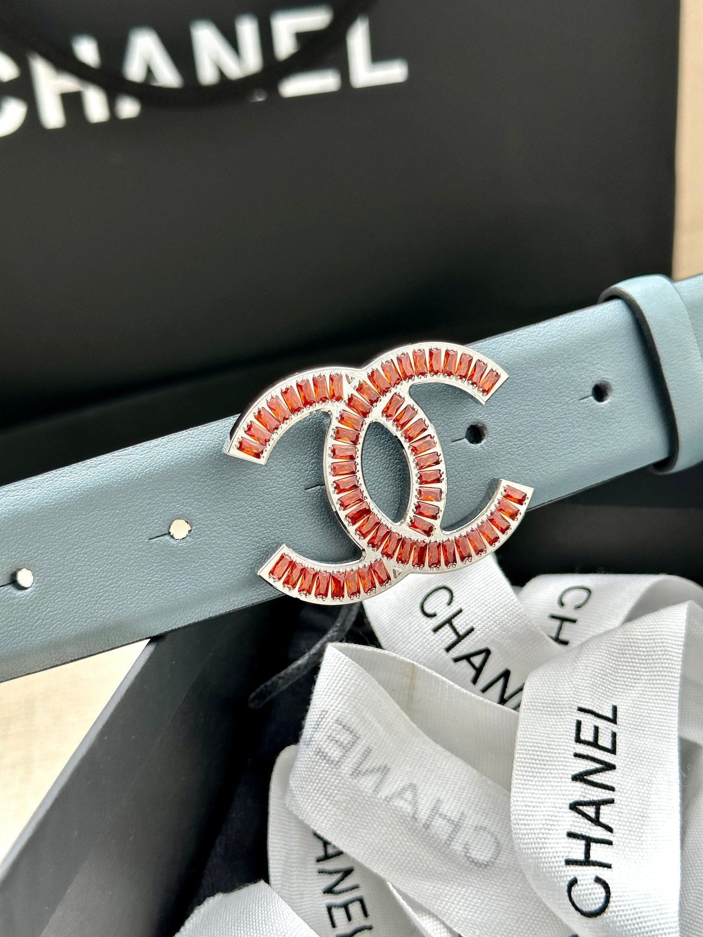 CHANEL 25S BELT 30 MM IN LIGHT STEEL BLUE CALFSKIN 616966 - 30