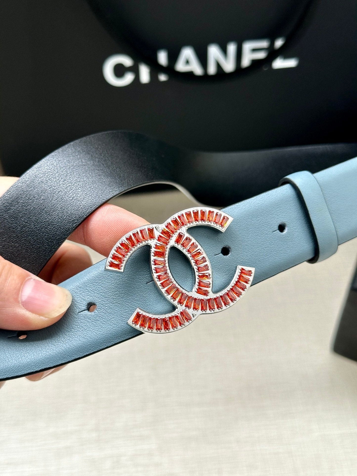 CHANEL 25S BELT 30 MM IN LIGHT STEEL BLUE CALFSKIN 616966 - 30