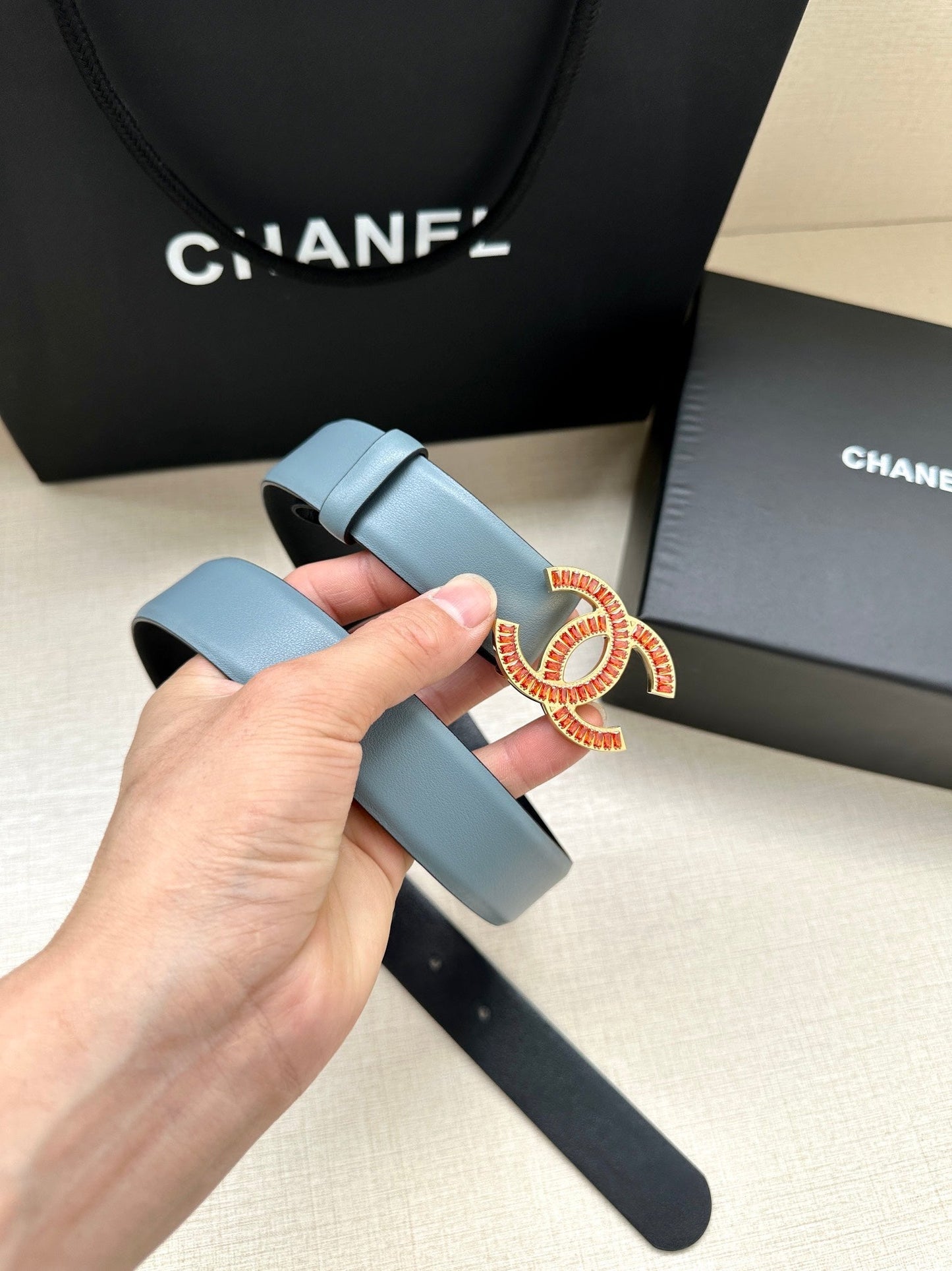 CHANEL 25S BELT 30 MM IN LIGHT STEEL BLUE CALFSKIN 616966 - 30