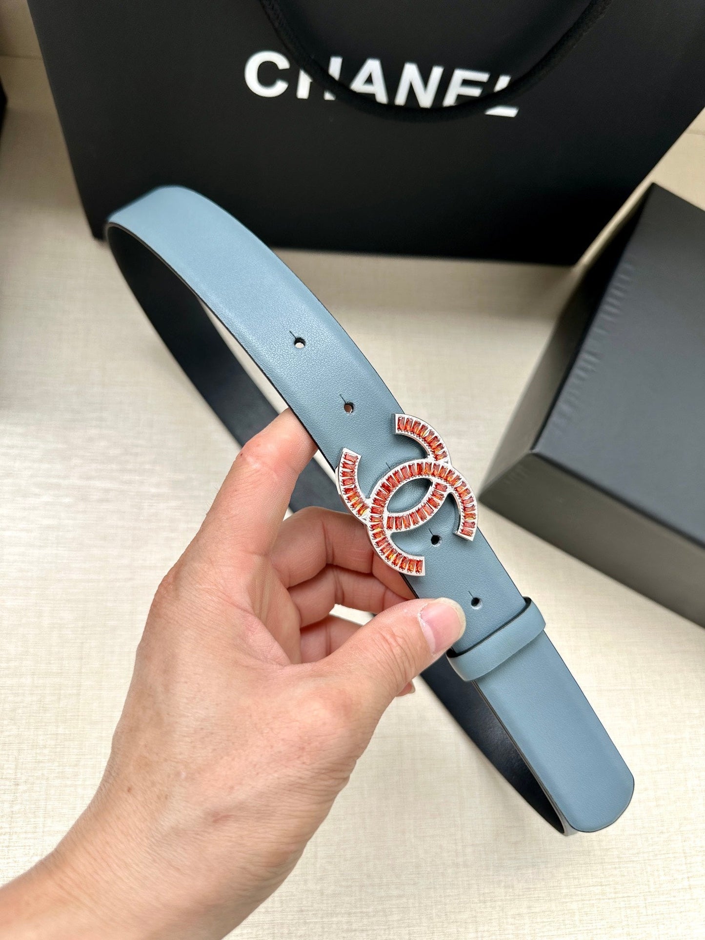 CHANEL 25S BELT 30 MM IN LIGHT STEEL BLUE CALFSKIN 616966 - 30