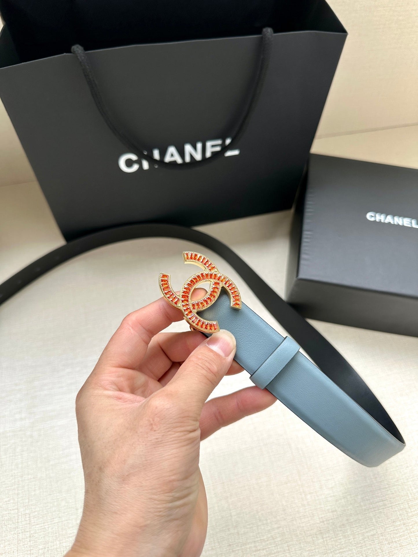 CHANEL 25S BELT 30 MM IN LIGHT STEEL BLUE CALFSKIN 616966 - 30