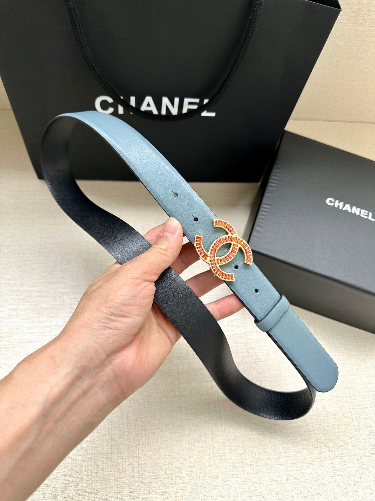 CHANEL 25S BELT 30 MM IN LIGHT STEEL BLUE CALFSKIN 616966 - 30